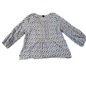 Talbots White and Pink Puff Sleeve Blouse with Mandarin Collar